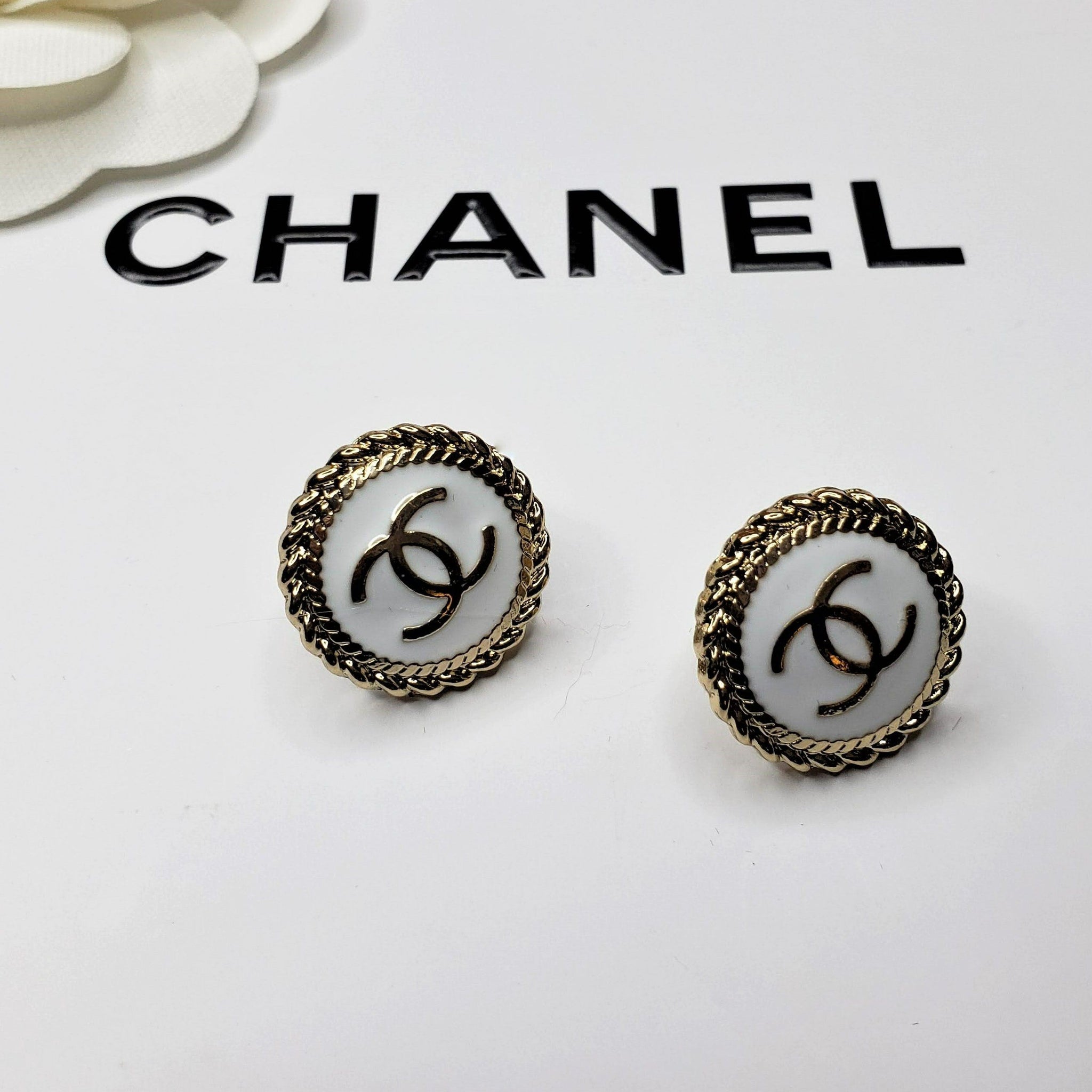 Upcycled Authentic Chanel White Enamel Metal Logo Button Earrings ...