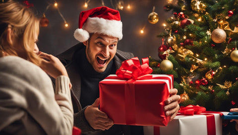 man wearing Santa hat eagerly ready to open a Christmas gift in front of a Christmas tree