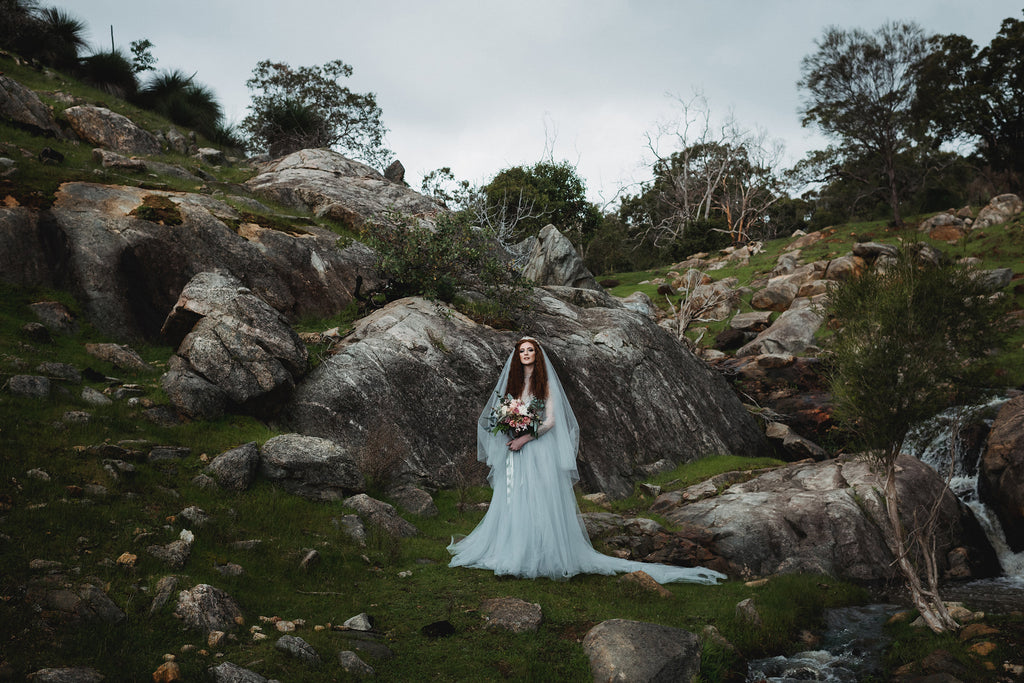 Diva wedding crown with designer wedding gown by Loui Col Designs in silver blue.