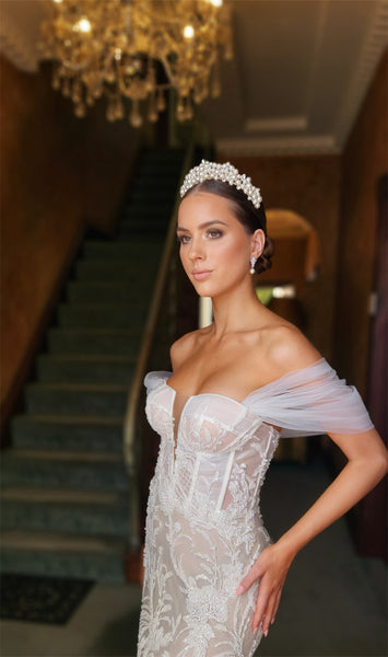 bride wearing pearl crown in foyer of kezani jewellery at 142 northwood street west leederville