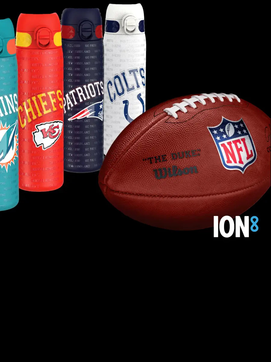 Ion8 NFL official merchandise bottles lined up next to a football