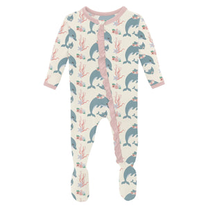 Natural Dolphins Ruffle Zipper Footie - Sprout Boutique 