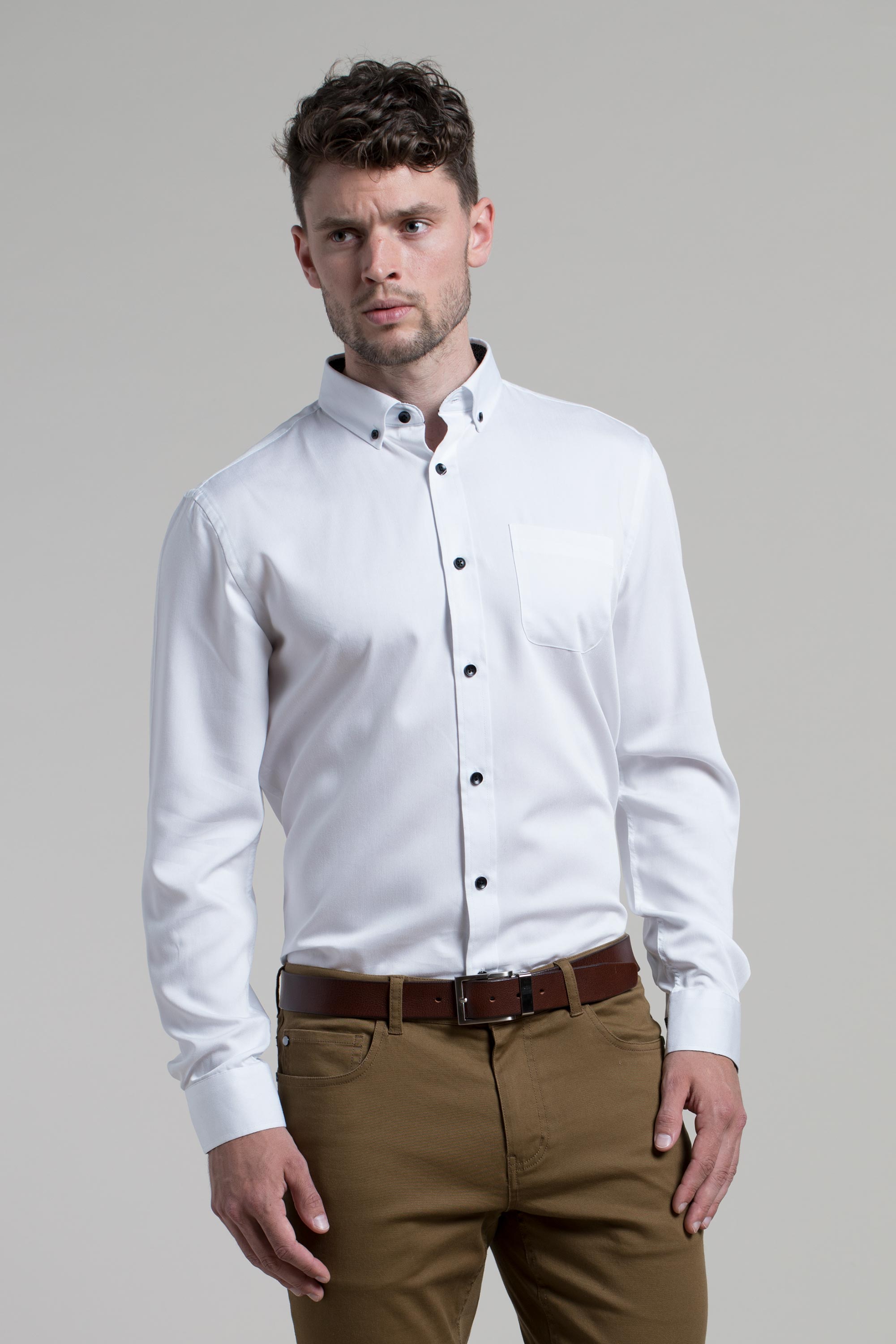 mens white shirt with black buttons