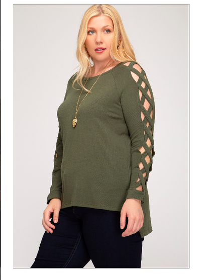 GREEN LONG SLEEVE HI LOW TOP WITH STRAPPY SLEEVE DETAIL