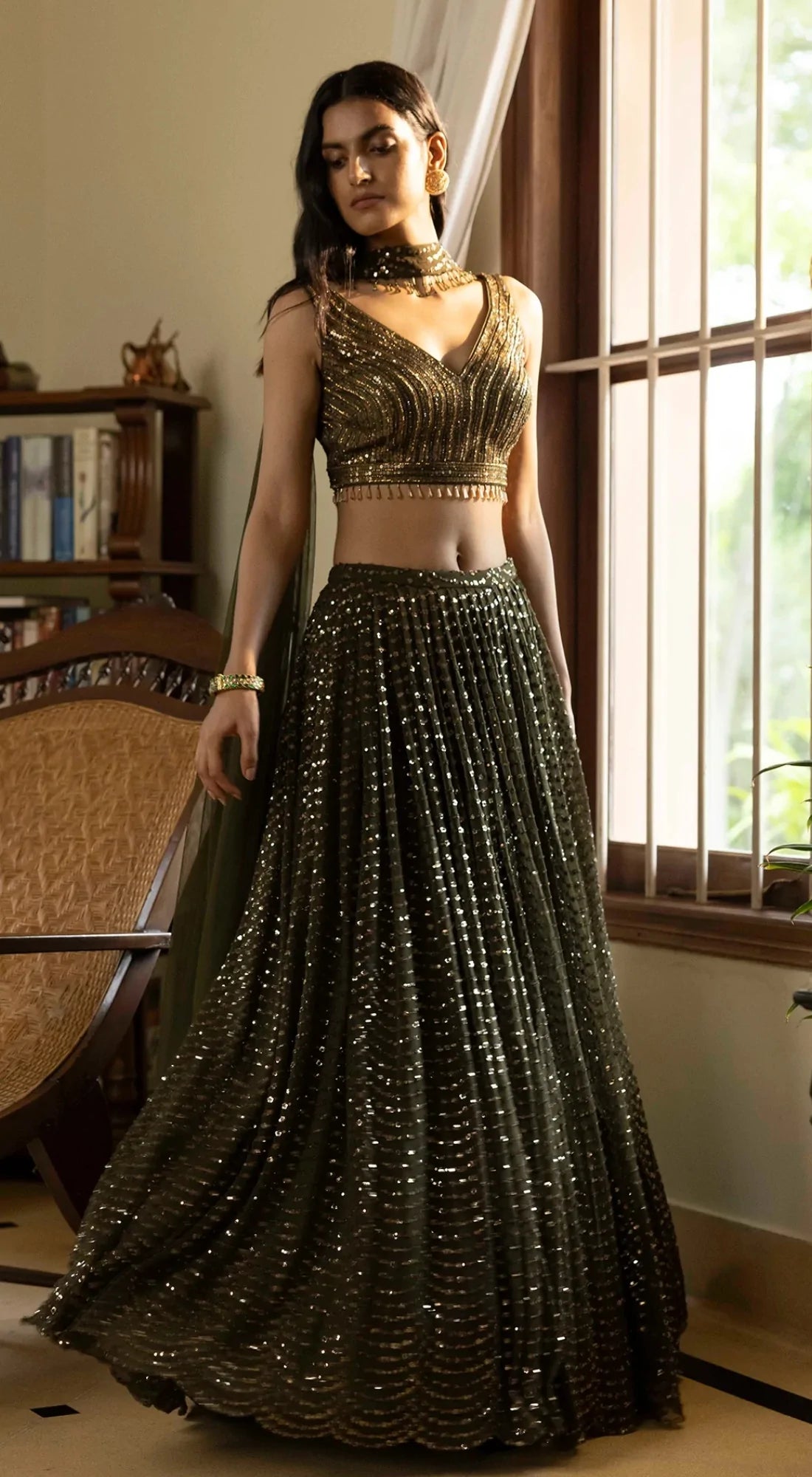 Moss Green Sequinned Lehenga Set