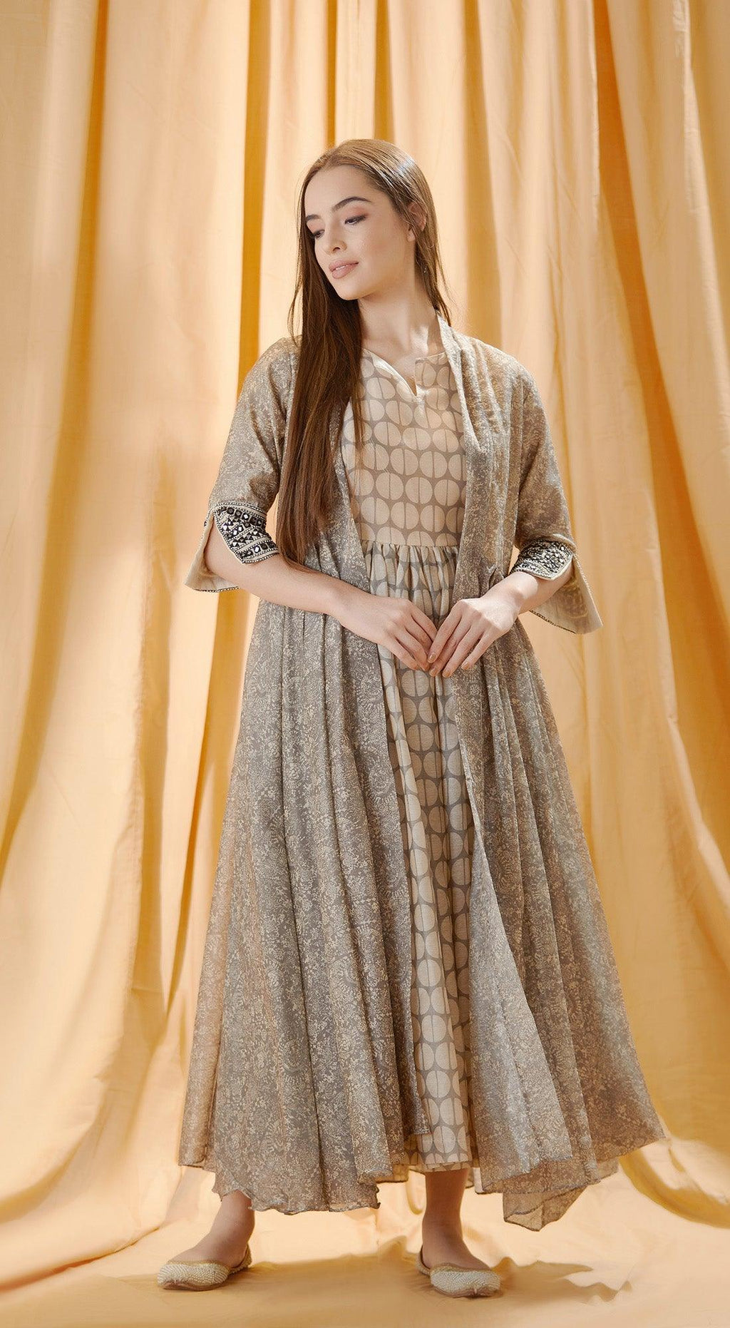 Medieval Beige Dot Printed Tunic Dress Set With Jacket-WHITE - Basanti Kapde aur Koffee
