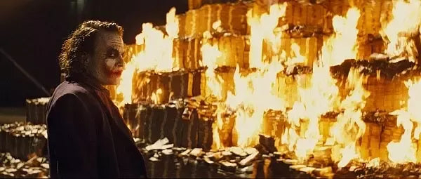 movie the joker with burning prop money