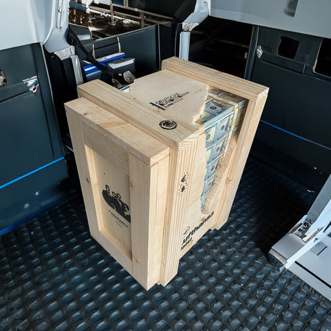 money crate inside a cargo plane