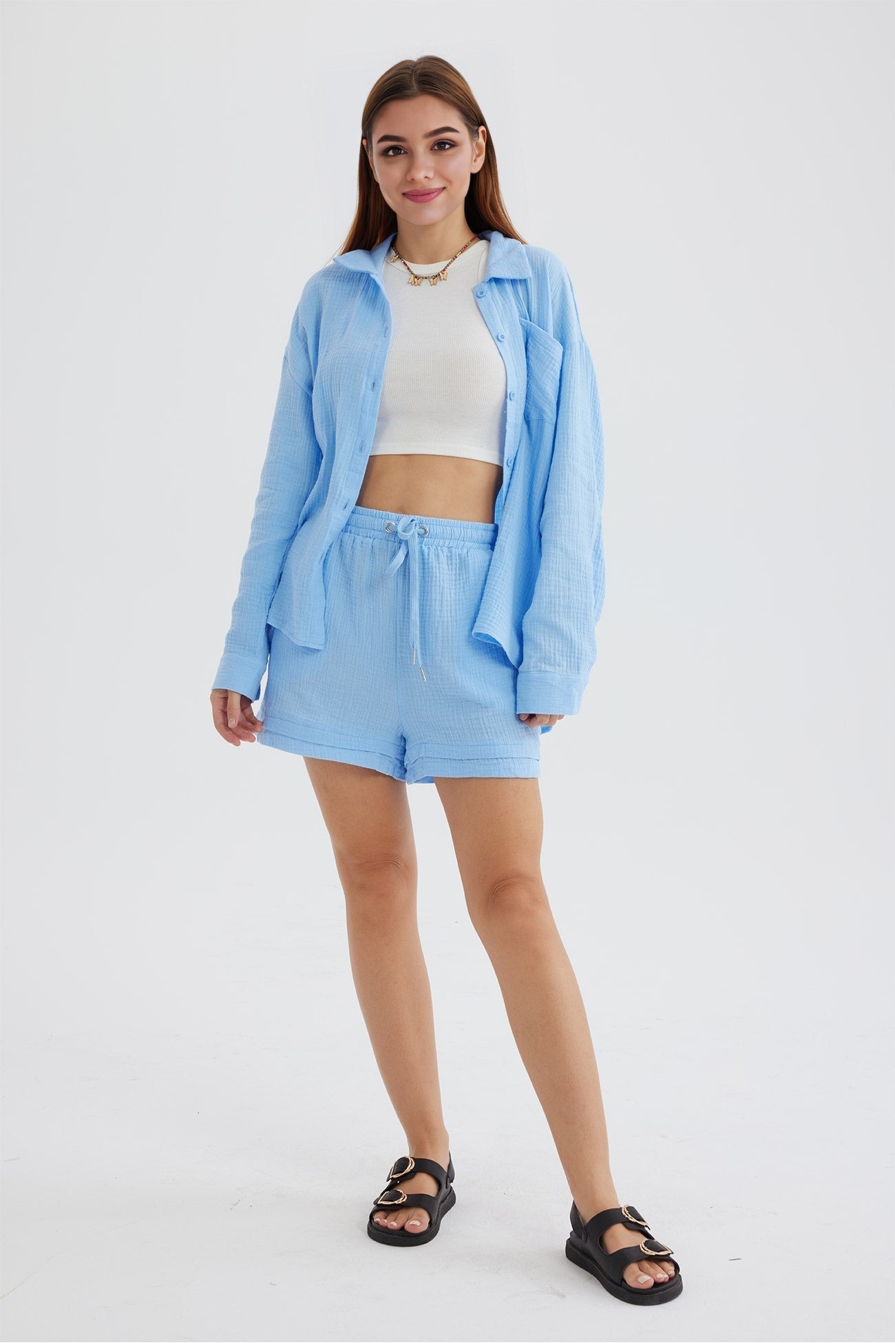 Product Image for Luvik | Muotoilu Pitkähiha T-paita ja Sopivat Shortsit naisille Siena, Sininen / L