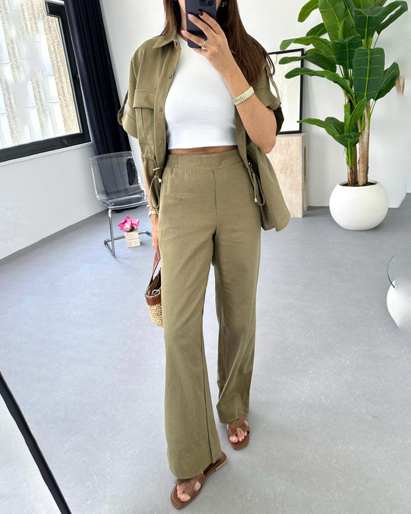 Product Image for Luvik | Loose button polo blouse set with wide leg pants, armeijanvihreä / XL