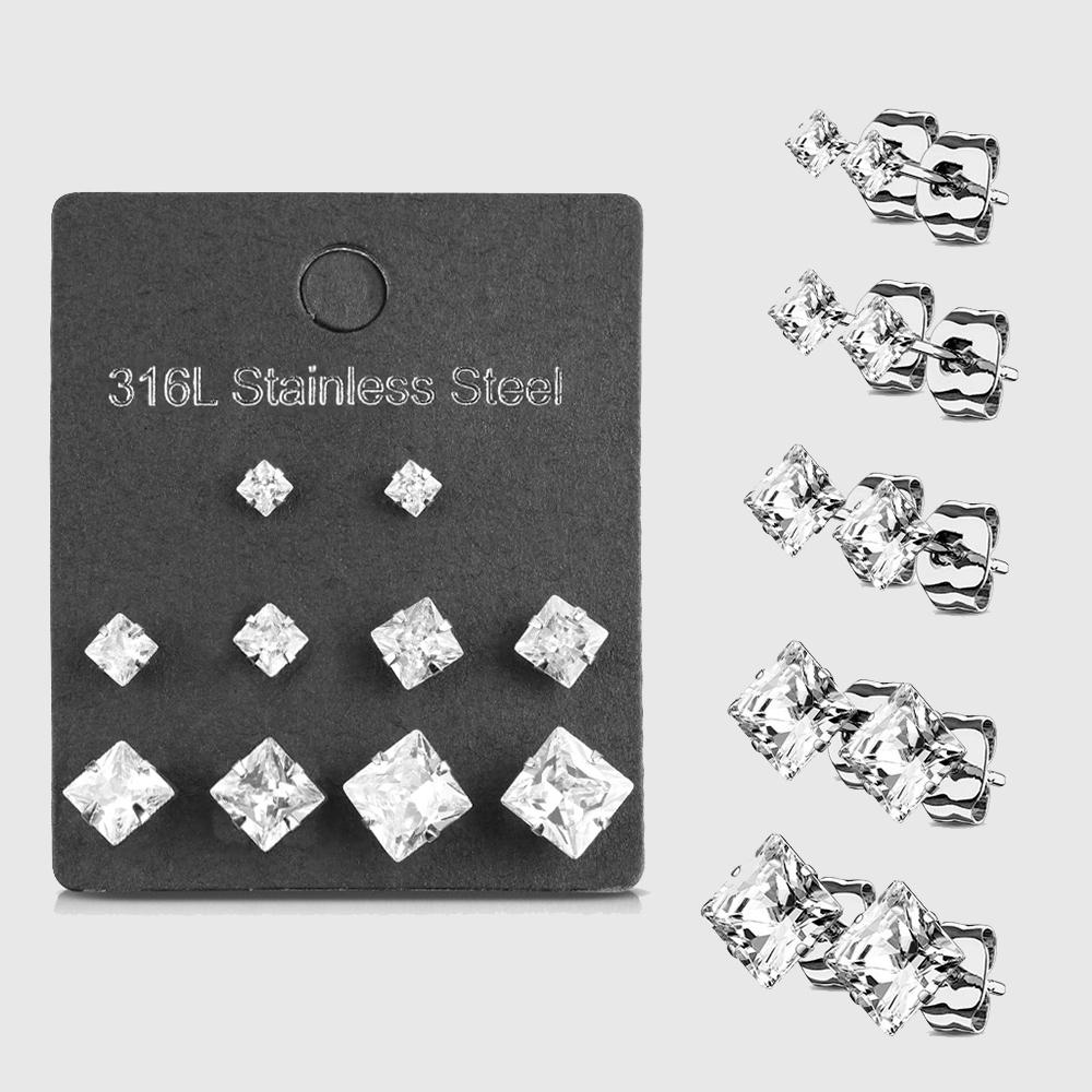 5 Pairs of Assorted Sizes Prong Set Square CZ Stud Earrings Pack steel/clear
