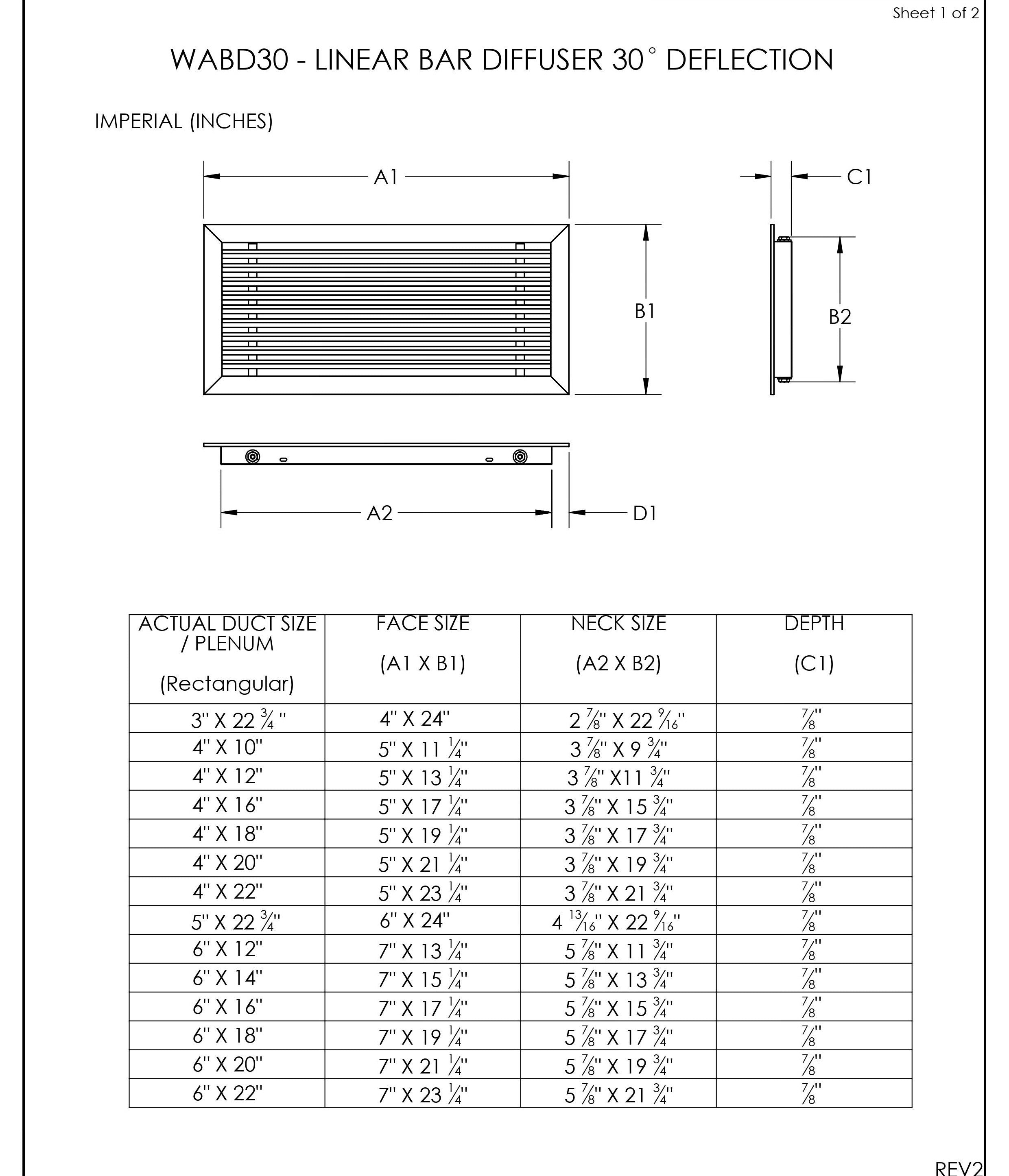 Linear Bar Grille - 30 Degree deflection size chart