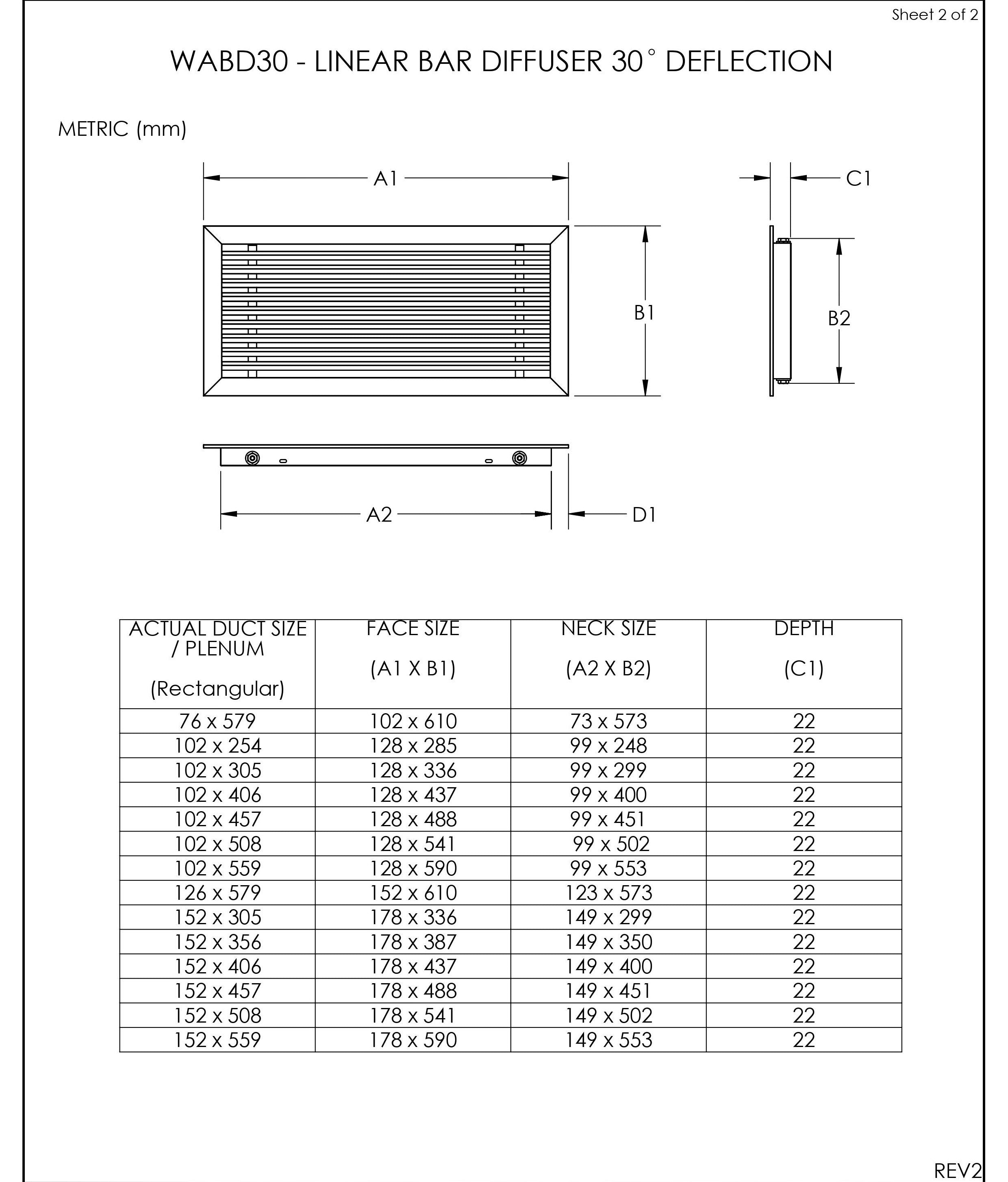 Linear Bar Grille - 30 Degree deflection size chart