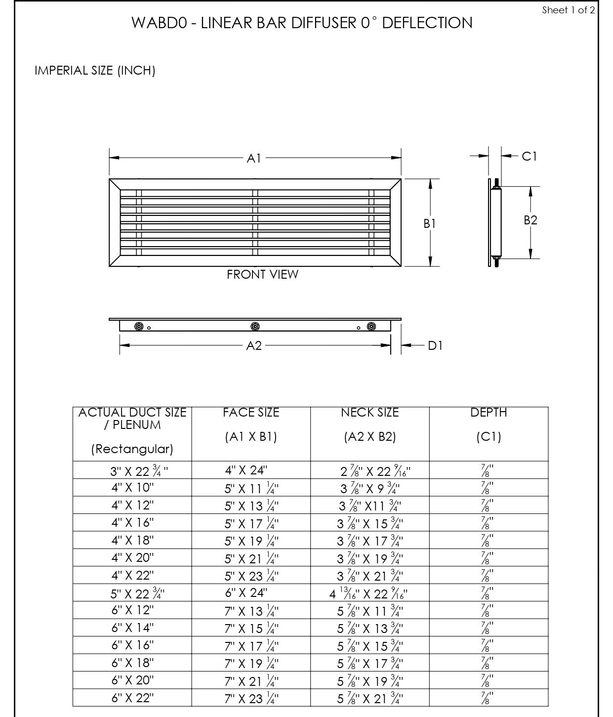 Linear Bar Grille Size Chart (WABD0)