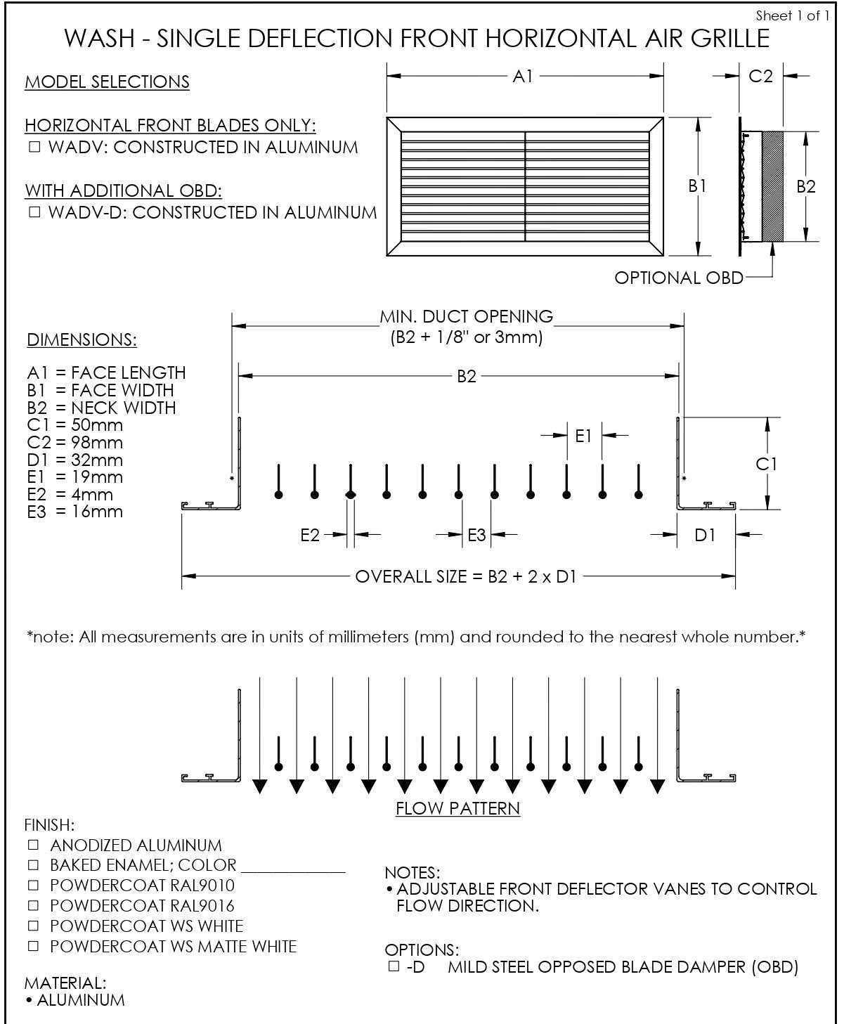 Single deflection air grille (horizontal panes)
