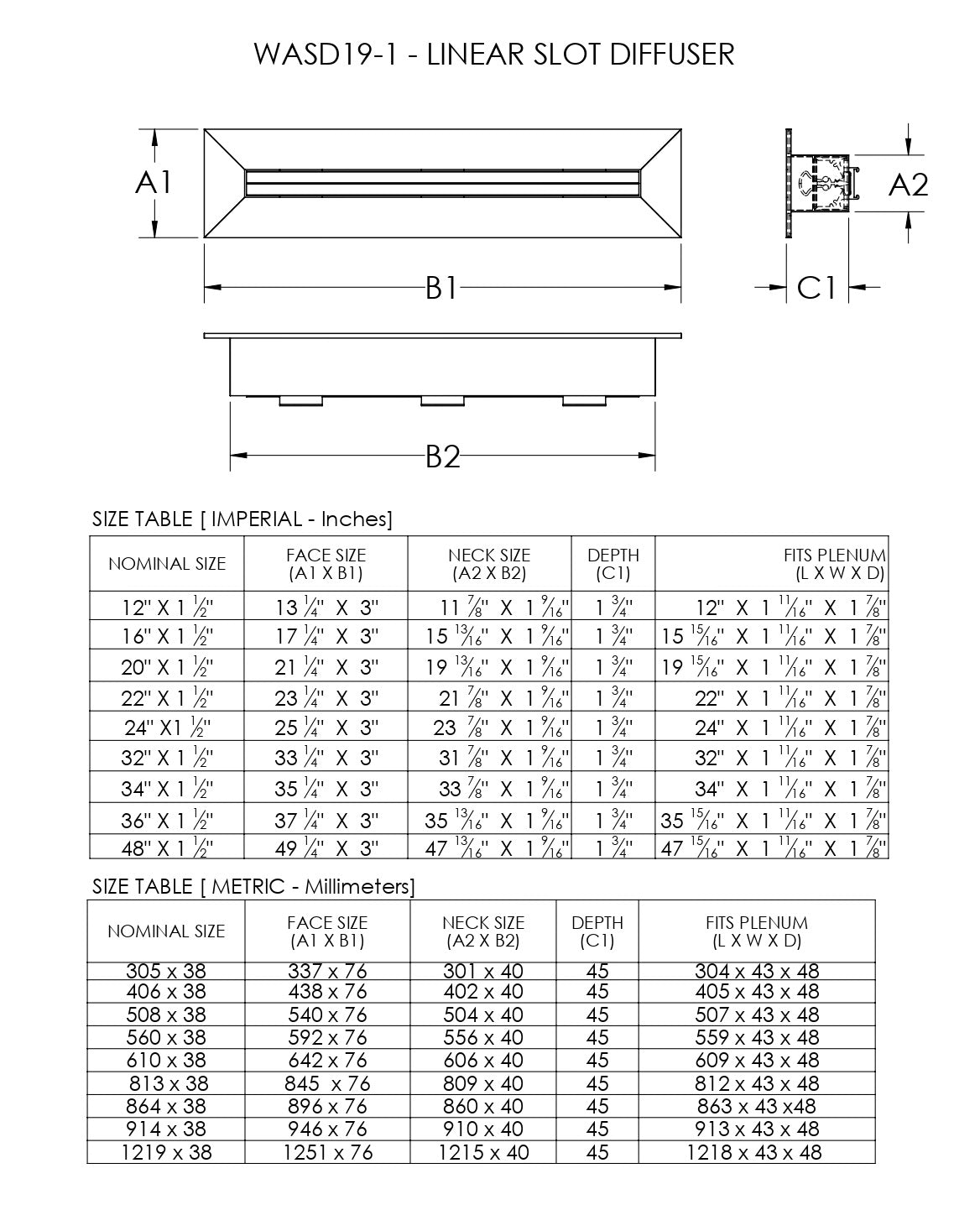Linear slot diffusers 19-1 size chart