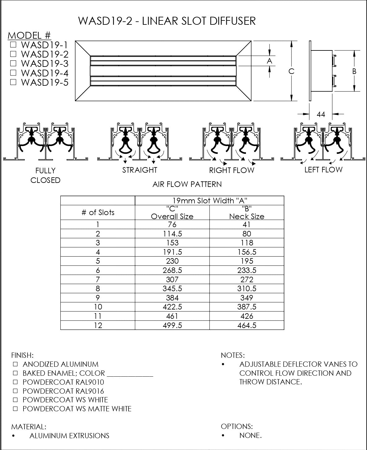 Linear slot diffusers 19-2 size chart