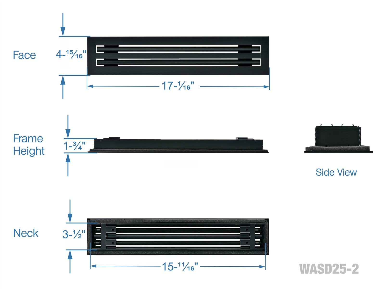 16" Linear Slot Diffuser HVAC air vent cover - 2 slots - black