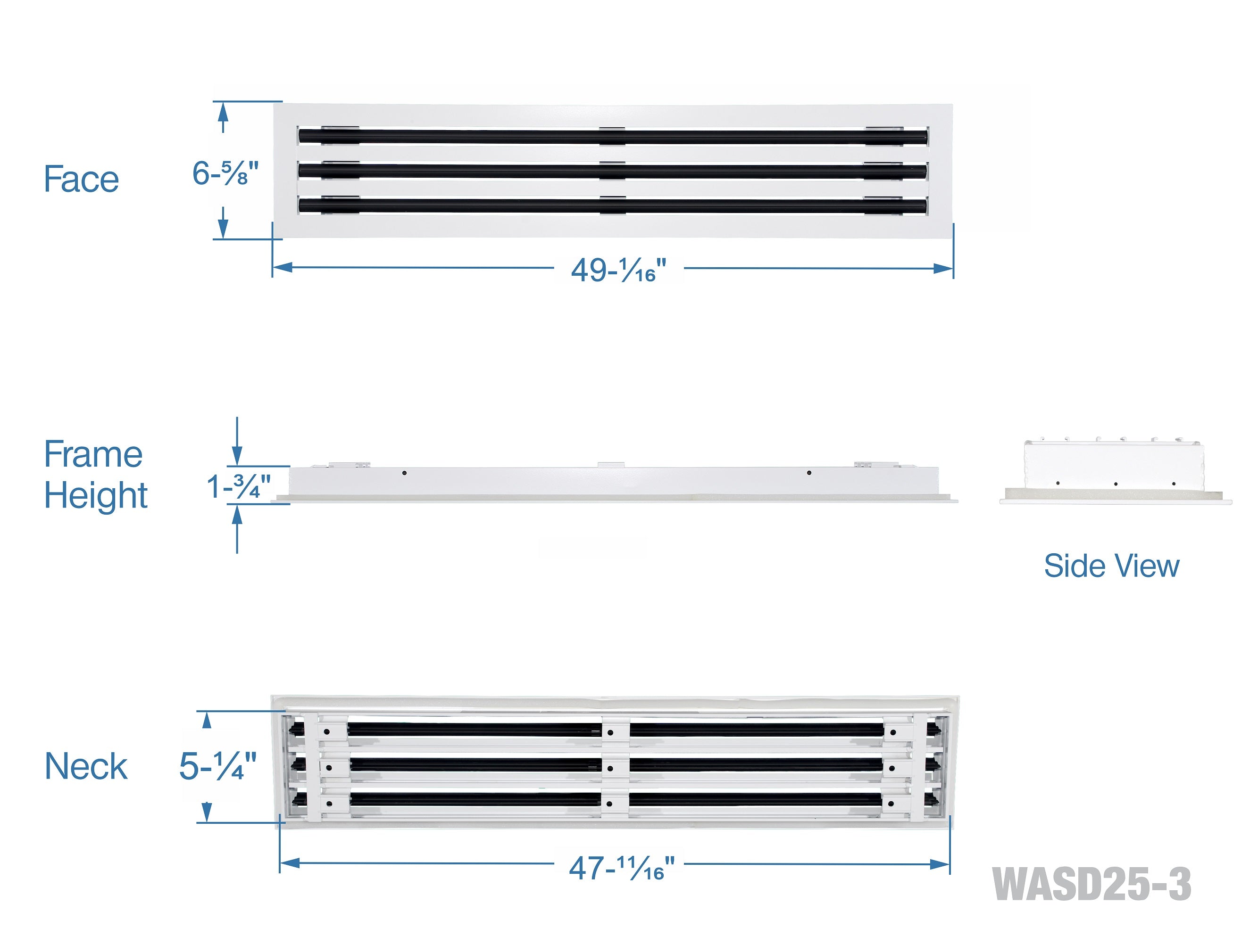 48" Linear Slot Diffuser HVAC air vent cover - 3 slots - white