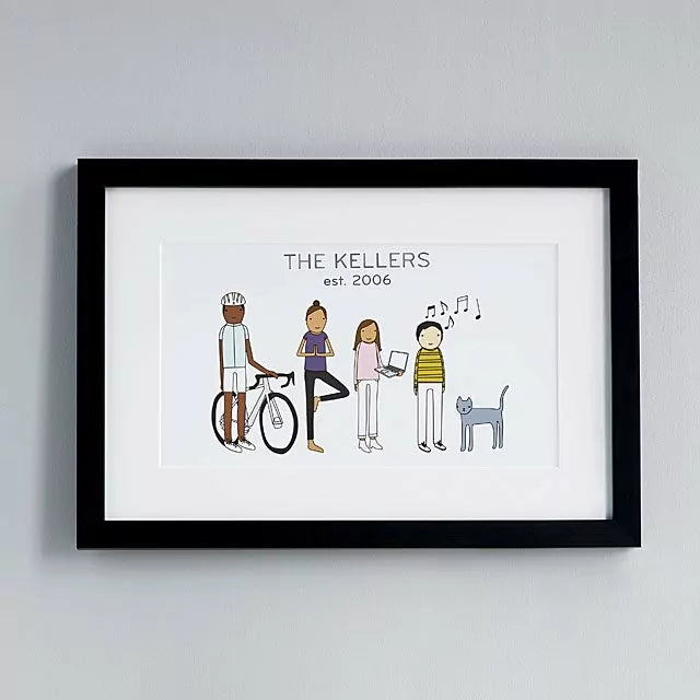 Personalized family art illustration with hobbies