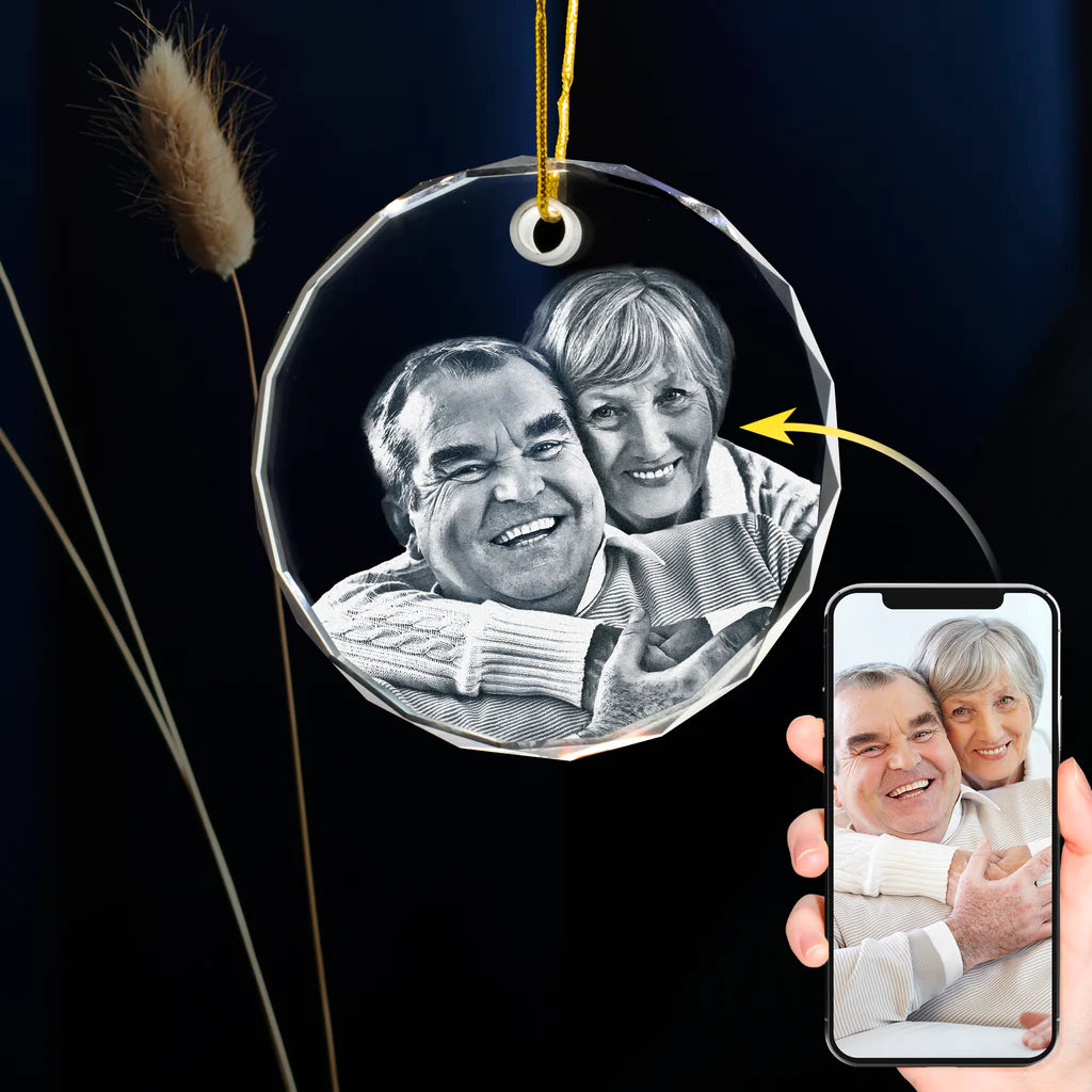 Photo of parents etched into Christmas ornament