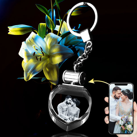 wedding couple photo etched into a heart-shaped crystal keychain