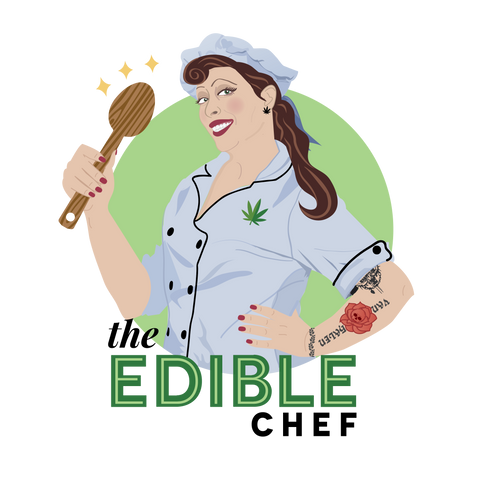 logo of woman chef with tattoos and hair curls holding a spoon