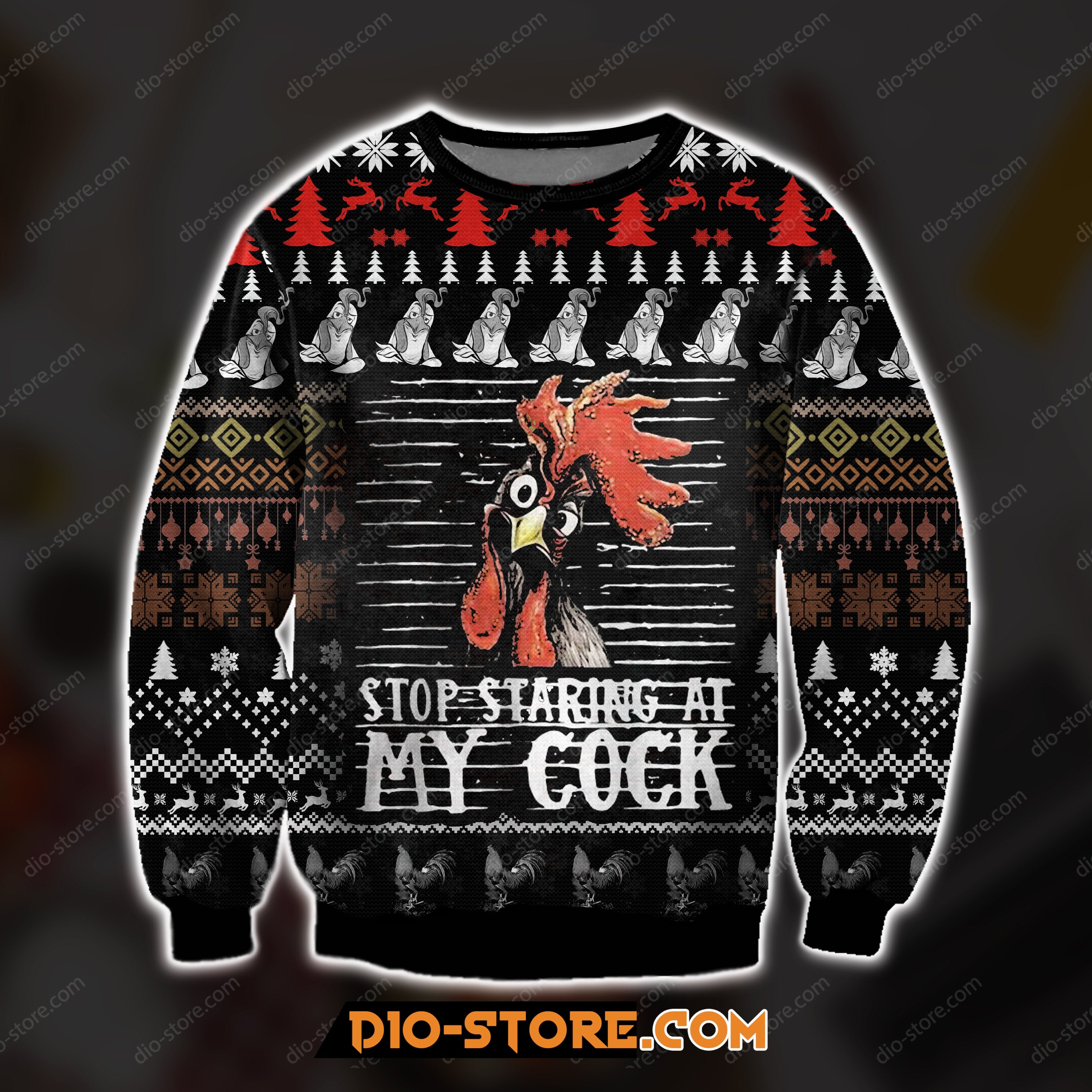 3D Print Knitting Pattern Stop Staring At My Cock Chicken Lover Ugly Christmas Sweater Hoodie All Over Printed