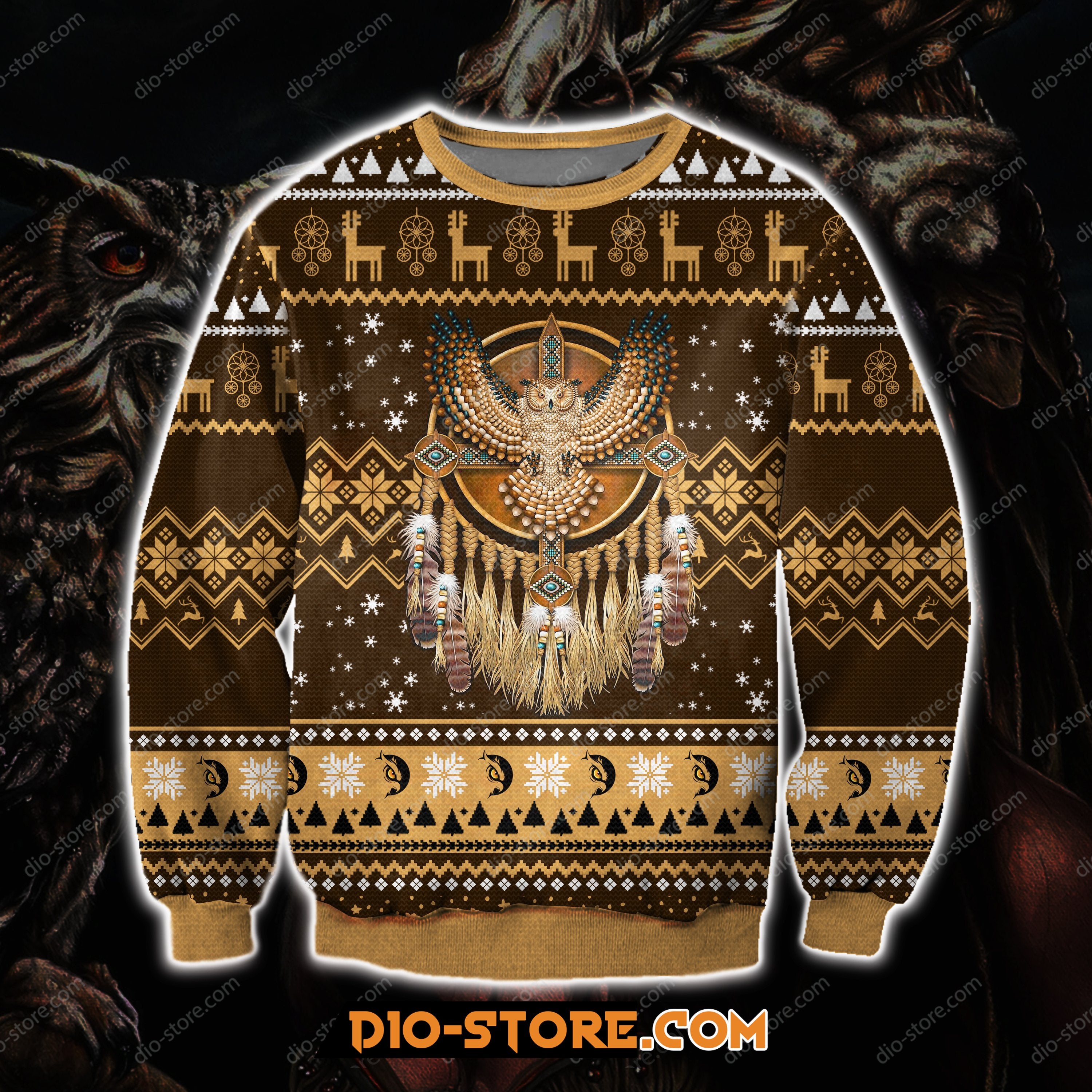 Native American Owl 3D Print Knitting Pattern Ugly Christmas Sweater Hoodie All Over Printed