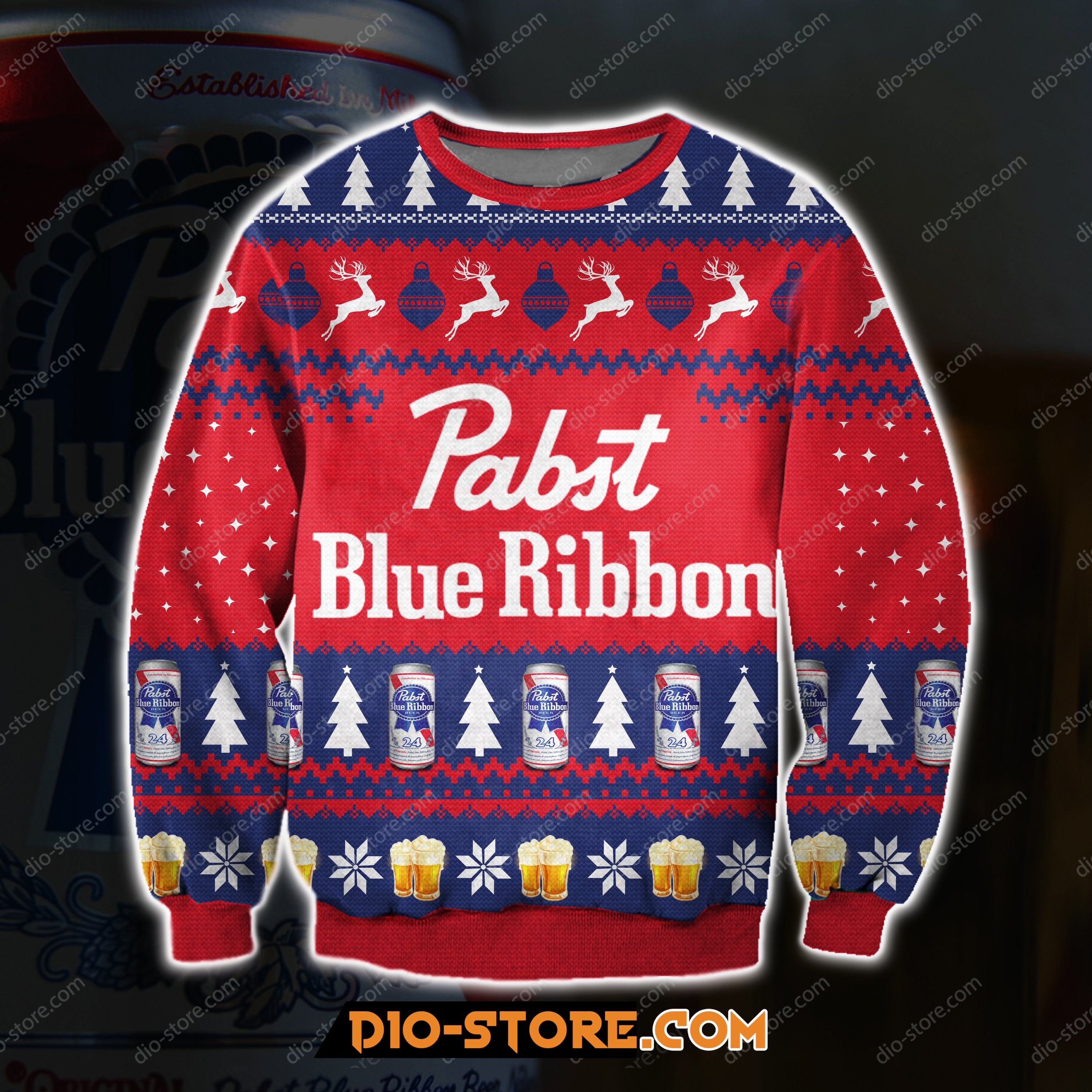 3D All Over Print Knitting Pattern Pabst Blue Ribbon Beer Ugly Christmas Sweater Hoodie All Over Printed