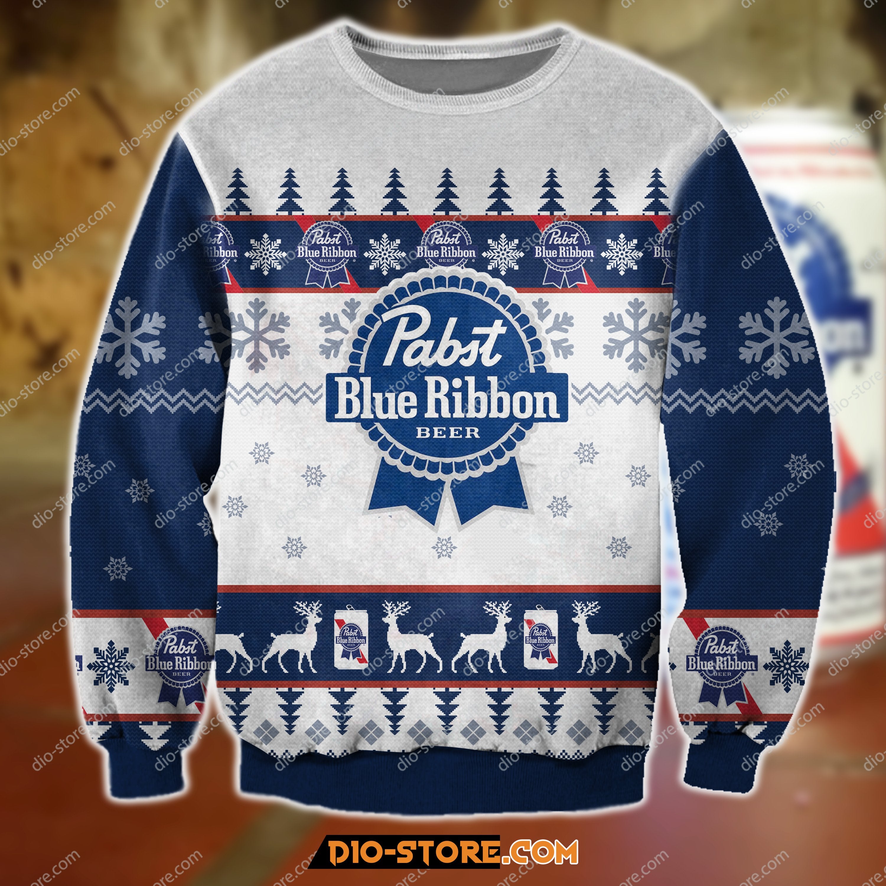 3D All Over Print Knitting Pattern Pabst Blue Ribbon Beer Ugly Christmas Sweatshirt Hoodie All Over Printed