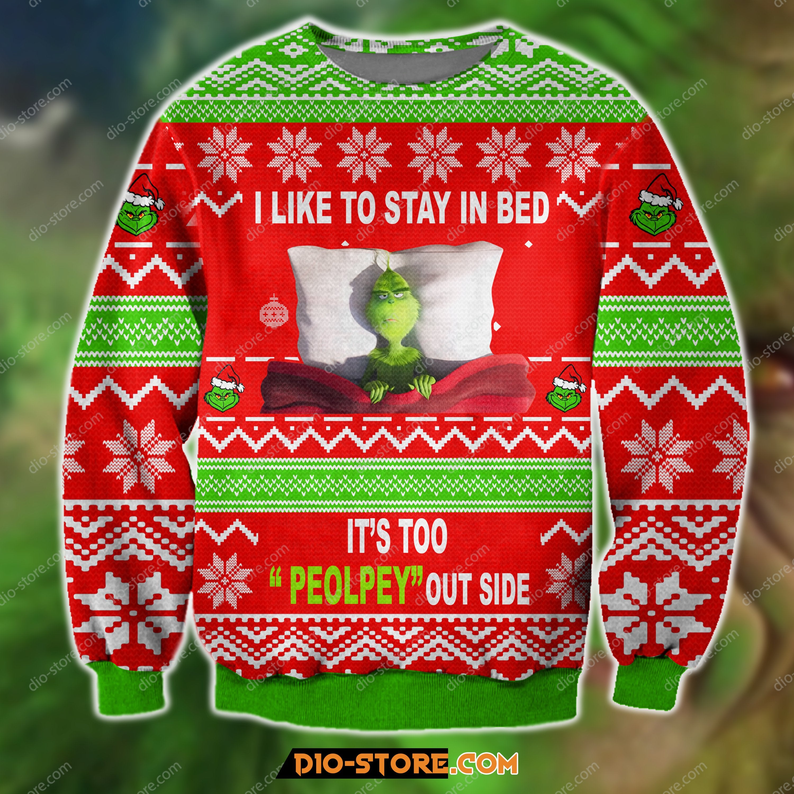 3D Print Knitting Pattern The Grinch I Like To Stay In Bed Ugly Christmas Sweater Hoodie All Over Printed