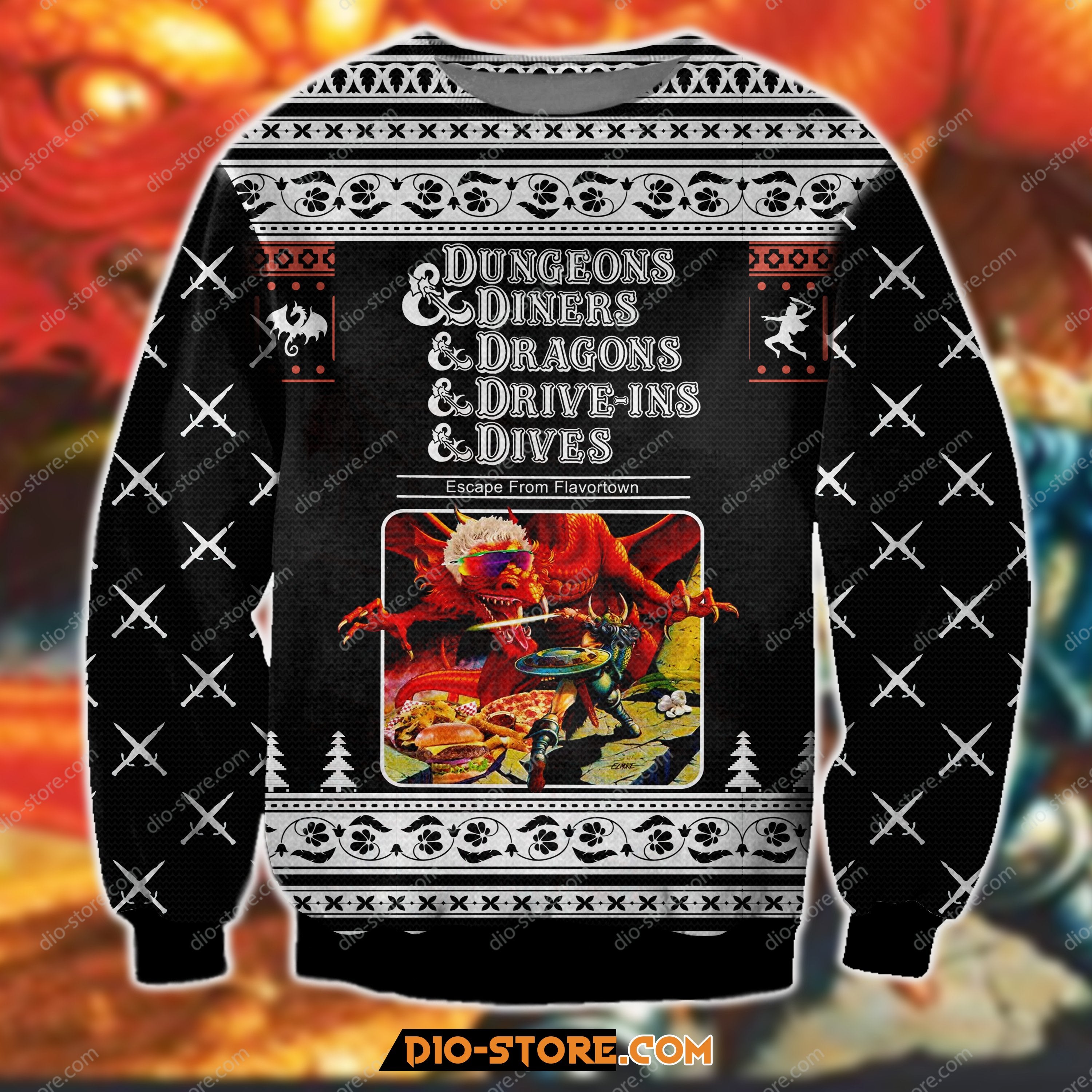 Dungeons Diners Dragons Drive-Ins Dives 3D Print Ugly Christmas Sweater Hoodie All Over Printed