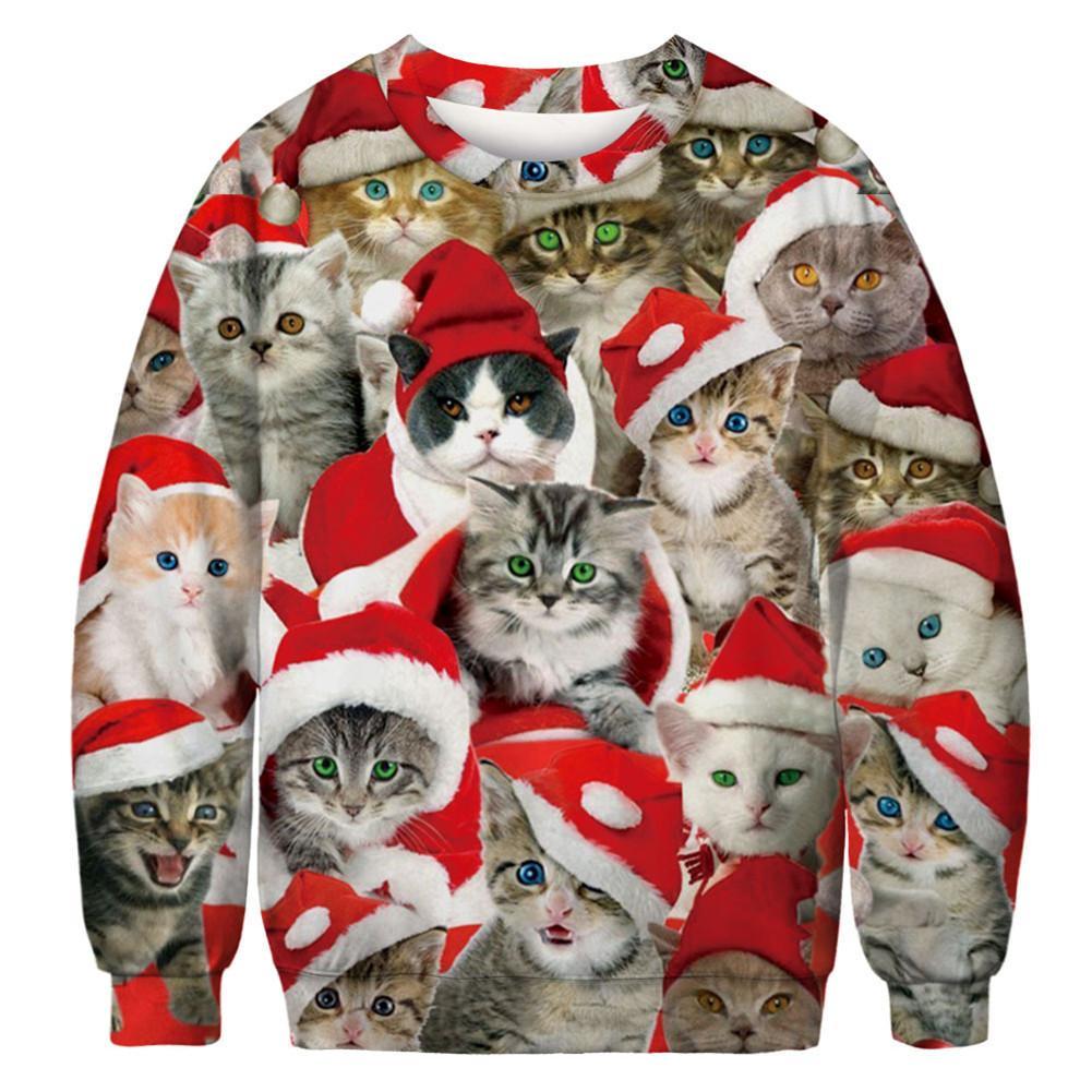 Adorable Cat With Red Hat 3D All Over Print Ugly Christmas Sweater Hoodie All Over Printed