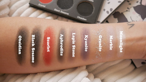 black sesame eyeshadow palette swatches, great for a smokey and sultry makeup look
