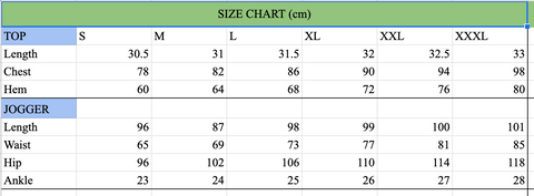 Lounge Set Size Chart