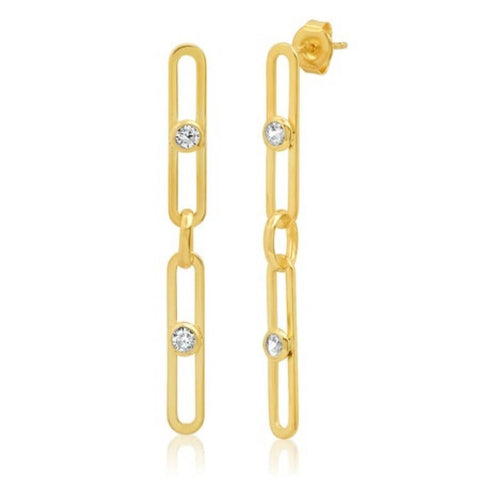 Gold Link Dangle Earrings with CZ Accents