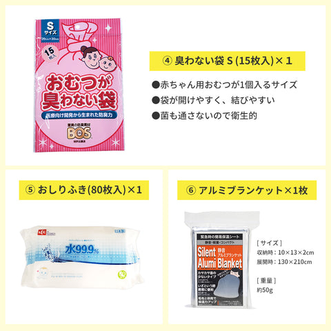 ④ 臭わない袋S（15枚入）×1、⑤ おしりふき（80枚入）×1、⑥ アルミブランケット×1枚