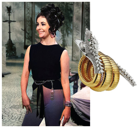 Elizabeth Taylor on the set of Cleopatra, wearing a Bulgari Serpenti Bracelet Watch in 1963