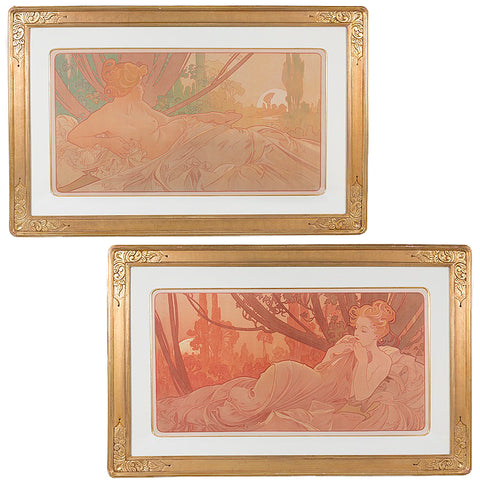 Macklowe Gallery's Antique Alphonse Mucha Pair of "Dawn and Dusk" Lithographs