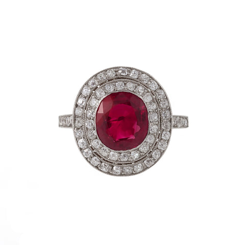 Macklowe Gallery's Antique No-Heat Burmese Ruby and Diamond Halo Ring 