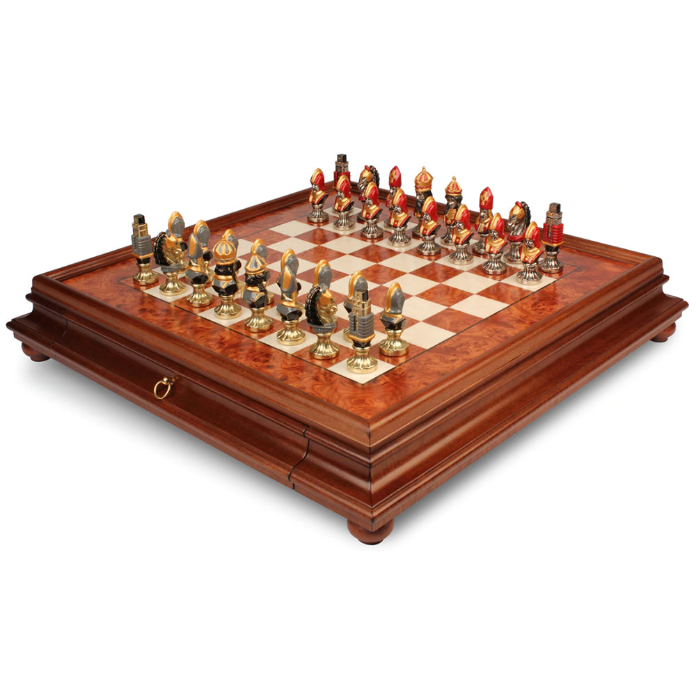 Irish Art Deco Hand-Carved Burl Wood Geometric Chess Set with Inlaid Wood  Board For Sale at 1stDibs