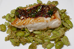 Asian Halibut over crushed Edamame