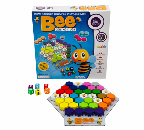 Bee Genius puzzle game with game pieces laid out in front of packaging box on white background