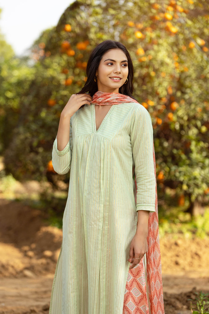 Mint Green Lurex Kurta - Cottons Jaipur