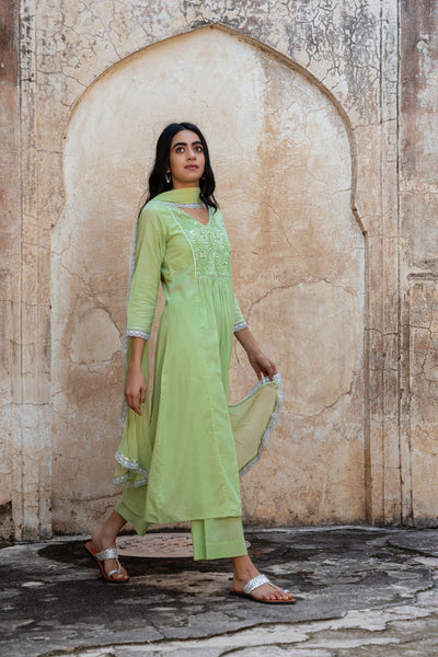 Pista green embroidered cotton kurti