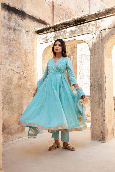 Blue embroidered cotton Anarkali 