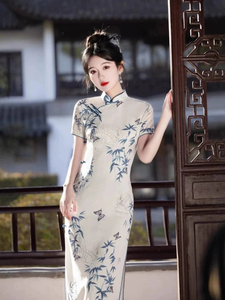 Bamboo leaf, ramie midi Cheongsam