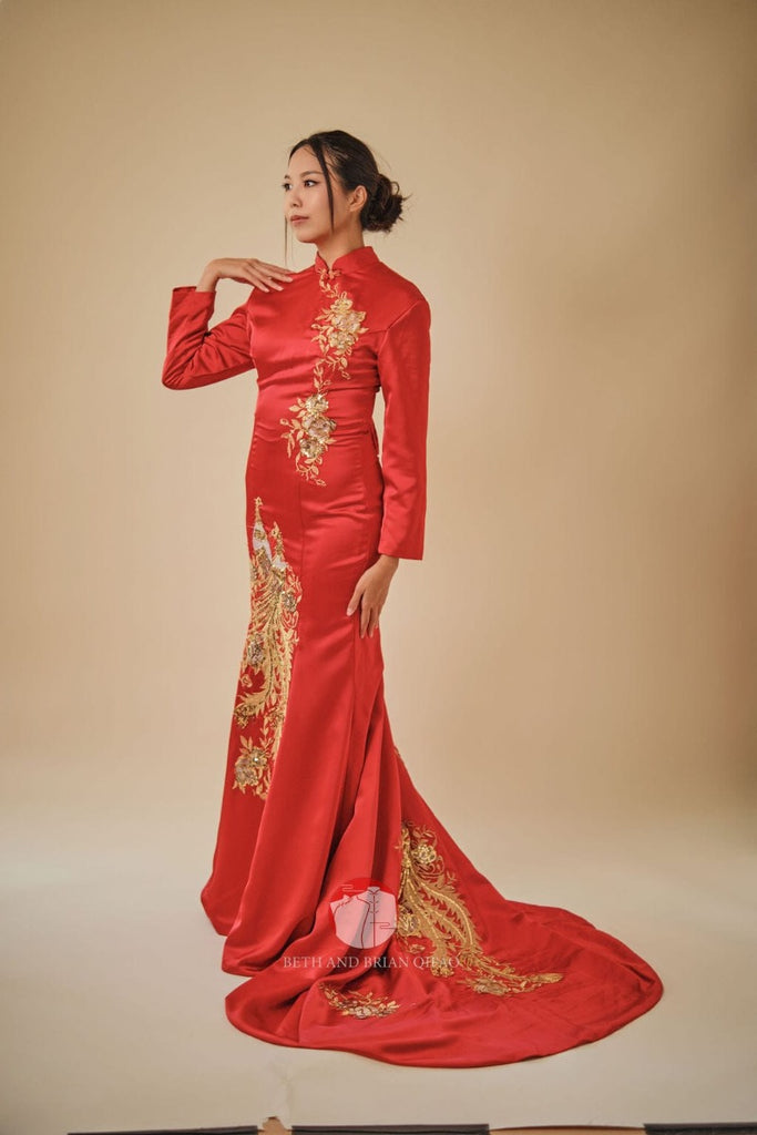 Luxury Cheongsam, high-end Chinese dress, Oriental Style Red Host