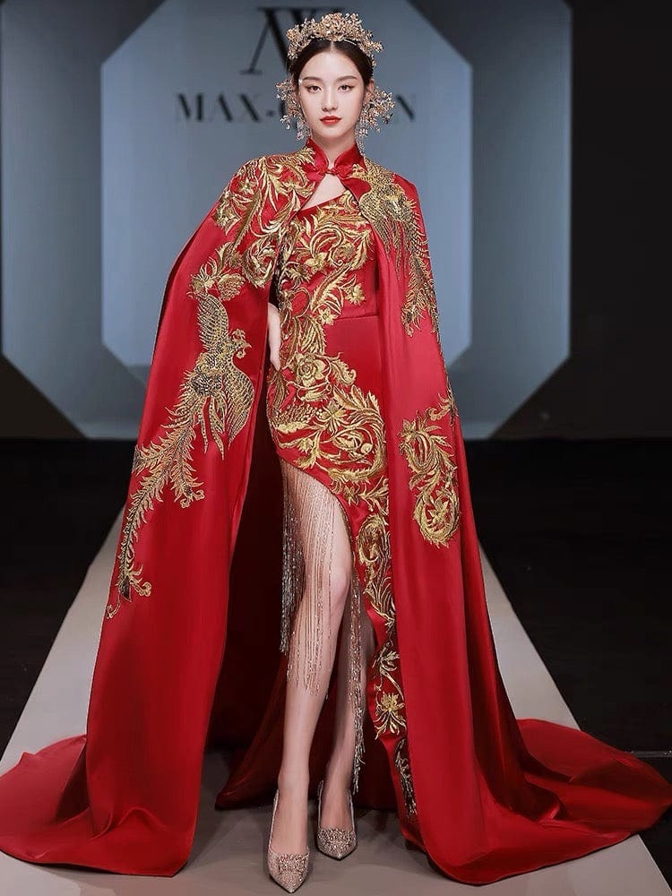 Luxury Cheongsam, high-end Chinese dress, Oriental Style Red Host